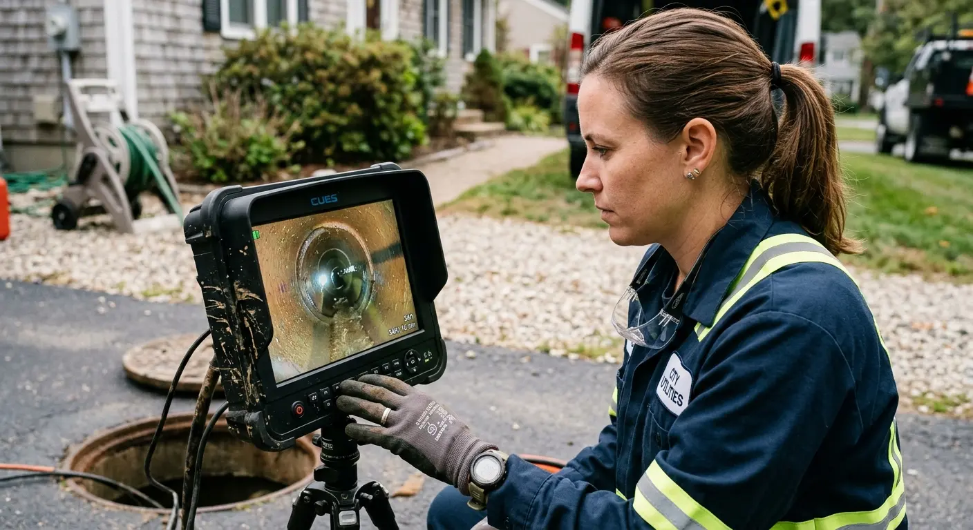 Technician reviewing sewer camera inspection footage in Indian River Estates
