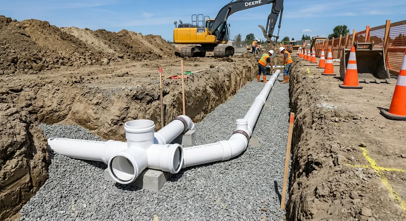 New PVC sewer pipe installation in open trench for Sewer Backup in Indian River Estates