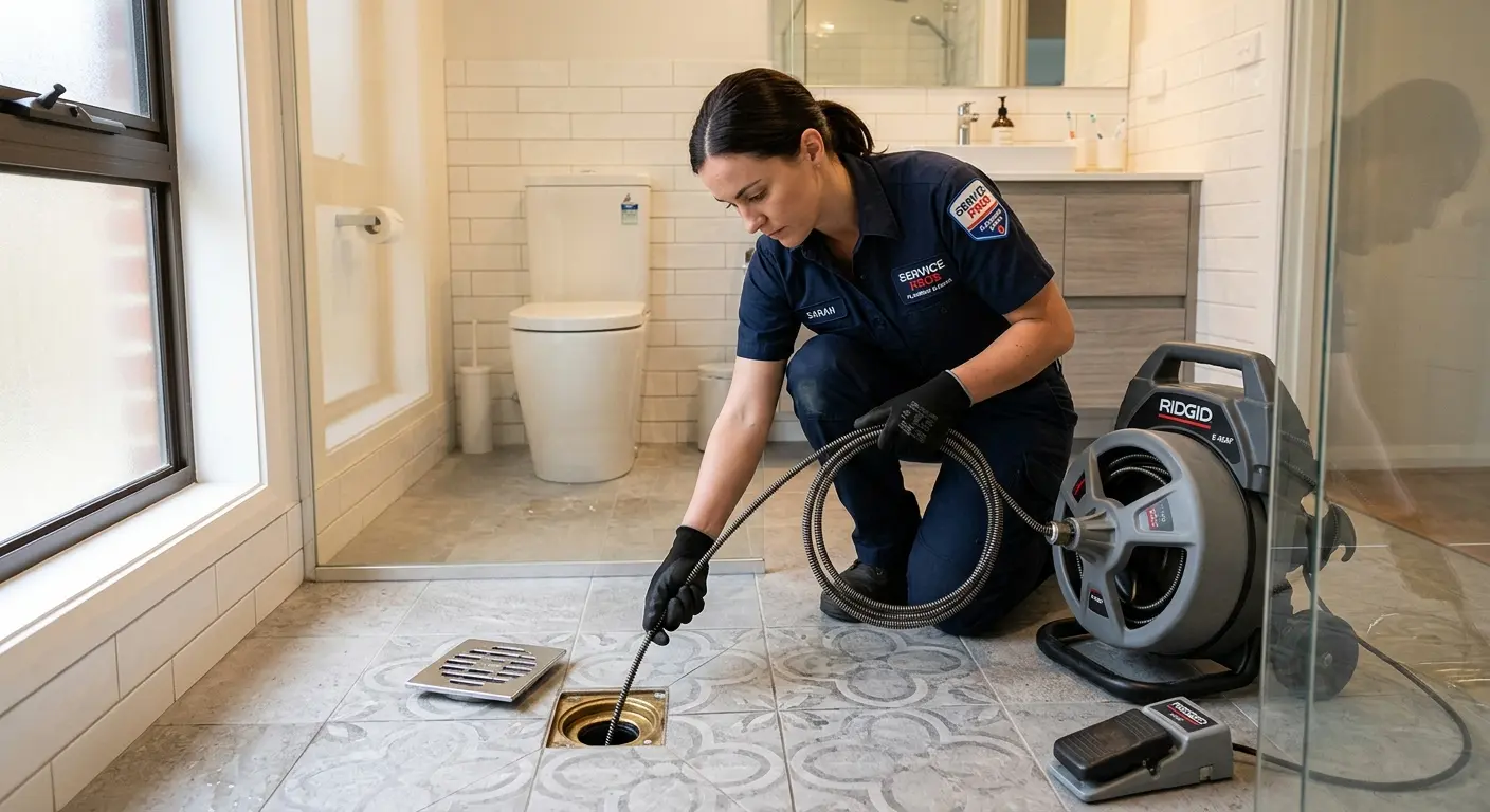 Technician clearing a bathroom floor drain for Sewer Line Replacement in Indian River Estates